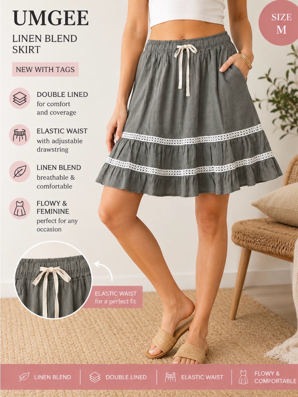Umgee Olive Green Ruffle Hem Linen-Blend Skirt with Lace Trim Medium NWT